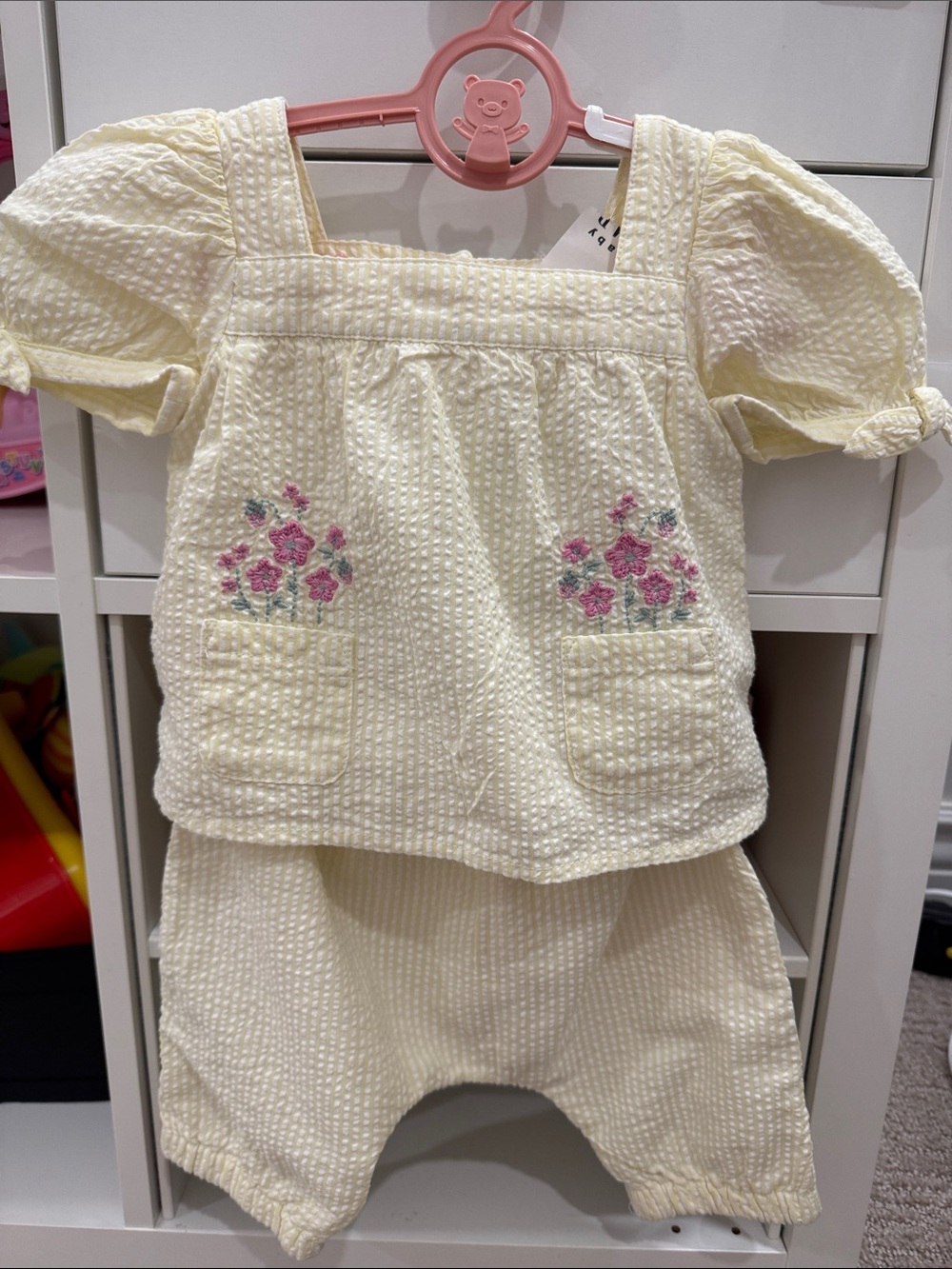 GAP Cream Embroidered Two-Piece Pajama Set with Pink Floral Detail